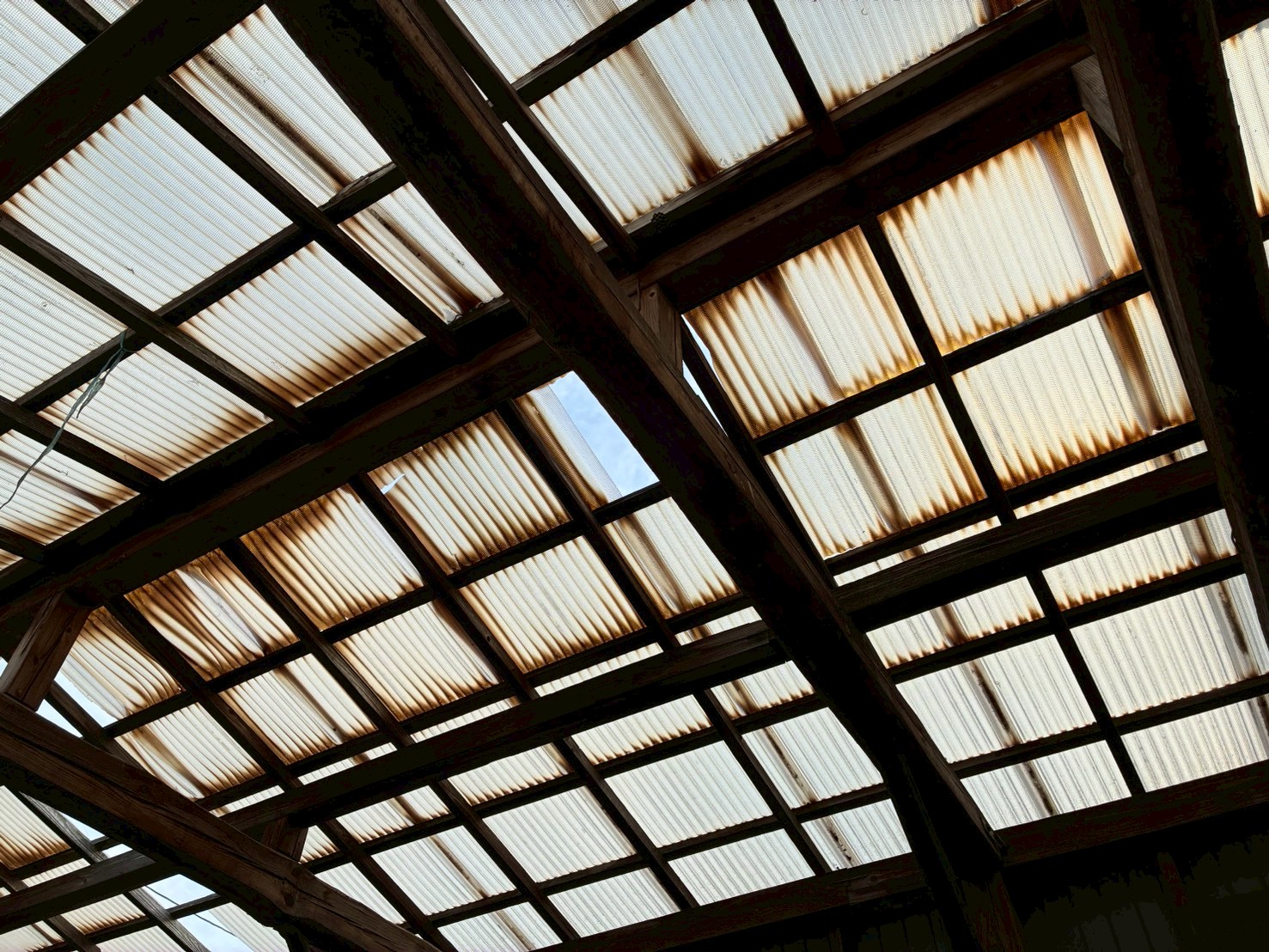 屋根の棟付近で塩ビの波板屋根が剥がれている